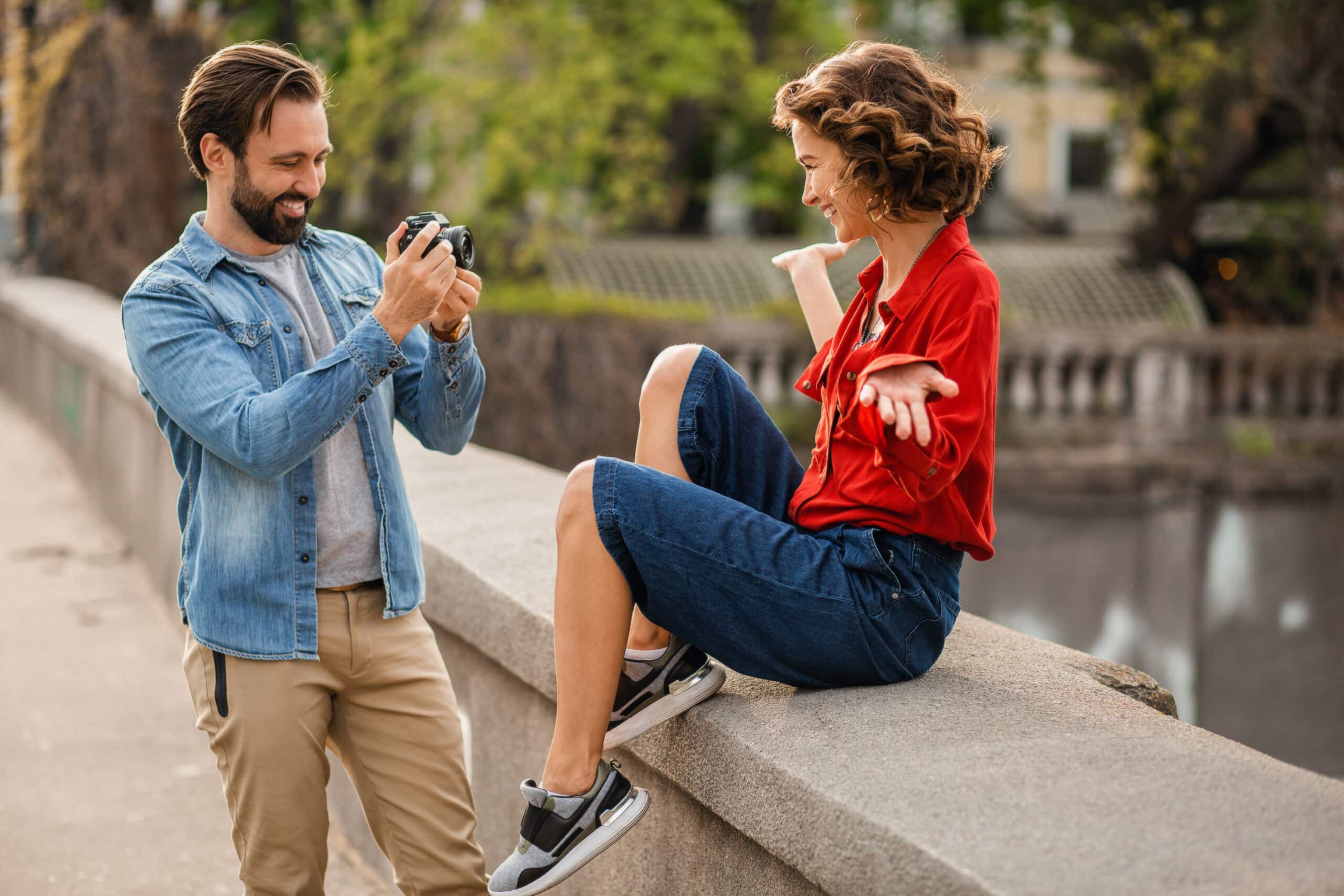 man and woman on romantic vacation walking together